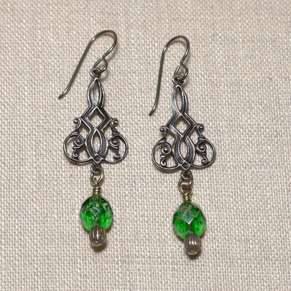 Hand Crafted Handmade Earrings Brass Filigree & Green Czech Glass Bead E… - Picture 1 of 5